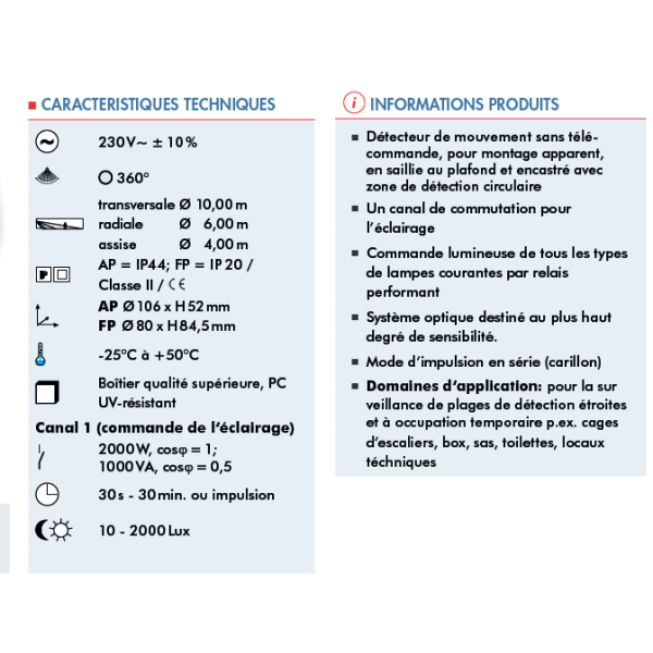 B.E.G - LOT - DÉTECTEUR DE MOUVEMENT AVEC ZONE DE DÉTECTION CIRCULAIRE - PLAFOND - BLANC - ENCASTRÉ - Réf : 92197X5