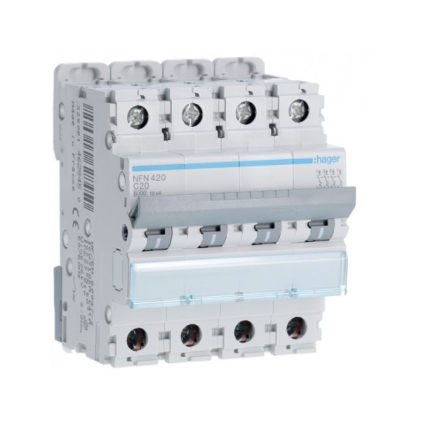 Hager - Disjoncteur 4P - 400V - 6-10kA - Courbe C - 20A 4m - Réf : NFN420
