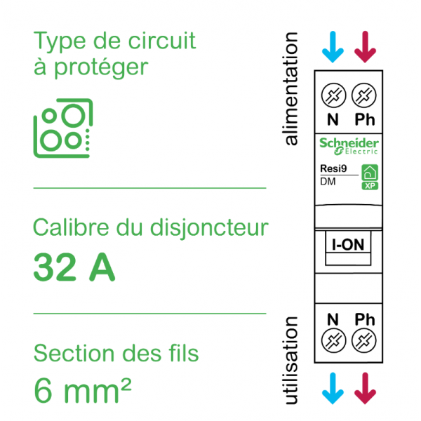 SCHNEIDER - Resi9 - disjoncteur XP - 1P+N - 32A - courbe C - peignable - Réf : R9PFC632