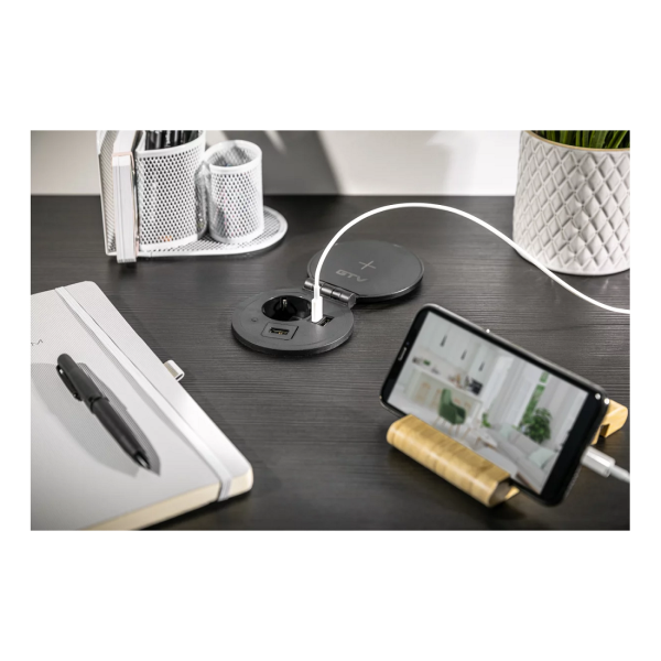 GTV Lighting - Bloc prise encastrable - chargeur induction 5W - 1 prise, 2 USB, RJ45 et HDMI - Noir - Réf.: AE-BPW1FACP-20