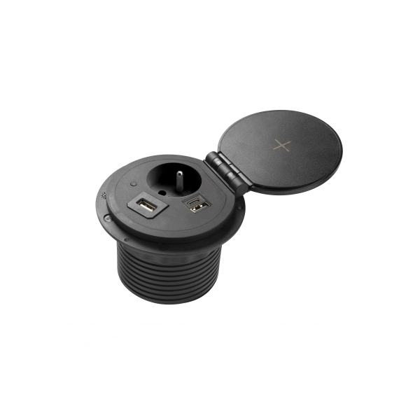 GTV Lighting - Bloc prise encastrable - chargeur induction 5W - 1 prise, 2 USB, RJ45 et HDMI - Noir - Réf.: AE-BPW1FACP-20