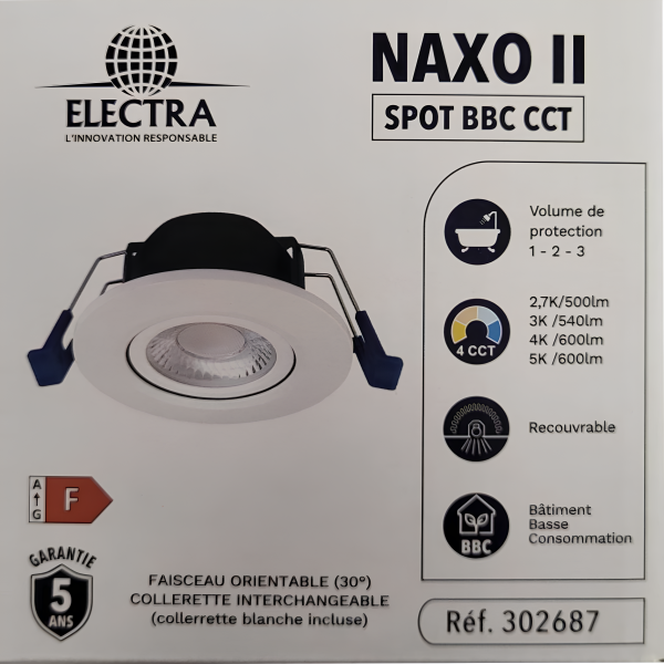 Electra - Spot LED Ø68 Dimmable blanc - orientable - 6W - IP65 - 4CCT - BBC - Angle 60° - 2700/3000/4000/5000°K - Réf : 302687