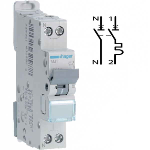 HAGER - Disjoncteur - 1P+N - 2A - VIS/VIS - Courbe C - 6KA - Réf : MJT702