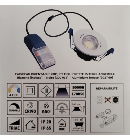 Electra - Spot LED Ø68 Dimmable blanc - orientable - 6W - IP65 - 4CCT - BBC - Angle 60° - 2700/3000/4000/5000°K - Réf : 302687