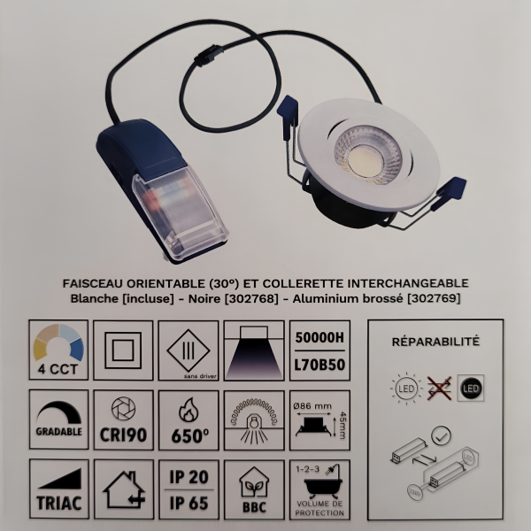 Electra - Spot LED Ø68 Dimmable alu - orientable - 6W - IP65 - BBC - Angle 60° - 2700/3000/4000/5000°K - Réf : 302687+302769